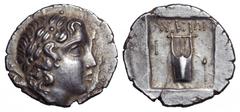 Lycia, Rhodiapolis as a member of the Lycian League AR Drachm. Circa 167-81 BC. Laureate head of Apollo right, bow and quiver over shoulder / City initials P-O on either side of a kithara, ΛVKIΩΝ abov