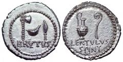 M. Junius Brutus & P. Cornelius Lentulus Spinther AR Denarius. Smyrna, 43-42 BC. Sacrifical axe, simpulum and sacrifical dagger, BRVTVS below / Jug and lituus, LENTVLVS SPINT below. Sear 198; Crawford