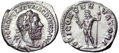 Macrinus AR Denarius. Rome, AD 218. IMP C M OPEL SEV MACRINVS AVG, laureate, draped, and cuirassed bust right / IOVI CONSERVATORI, Jupiter standing left, holding thunderbolt in right hand and sceptre 