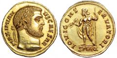 Galerius AV Aureus. Aquileia, AD 303. MAXIMIANVS CAESAR, laureate head right / IOVI CONSERVATORI, Jupiter standing facing, head left, wearing chlamys that falls behind, holding thunderbolt in right ha