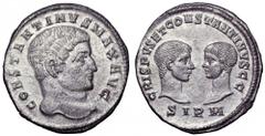 Constantine I with Crispus and Constantine II, as Caesars, AR Miliarense. Sirmium, AD 320-4. CONSTANTINVS MAX AVG, bare head right / CRISPVS ET CONSTANTINVS CC, confronted, bare-headed busts of Crispu