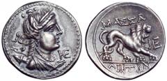 Gaul, Massalia AR Drachm. Gaul, Massalia AR Drachm. Circa 150-130 BC. Draped bust of Artemis right, wearing stephane, bow and quiver over shoulder; ligate HE to right / Lion standing right; MAΣΣAΛIHTΩ