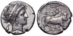 Campania, Neapolis AR Didrachm. Campania, Neapolis AR Didrachm. Circa 320-300 BC. Diademed head of Parthenope right; behind, eagle standing right, ΔI below, wreath before / Man-headed bull, head facin