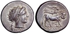 Campania, Neapolis AR Didrachm. Campania, Neapolis AR Didrachm. Circa 300-275 BC. Diademed head of Parthenope right, wearing pendant earring and pearl necklace; behind neck, Artemis standing facing, h