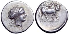 Campania, Neapolis AR Didrachm. Campania, Neapolis AR Didrachm. Circa 300-275 BC. Diademed head of Parthenope right, wearing pendant earring and pearl necklace; behind neck, Artemis standing facing, h
