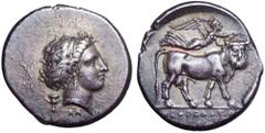 Campania, Neapolis AR Didrachm. Campania, Neapolis AR Didrachm. Circa 300-275 BC. Diademed head of Parthenope right, wearing pendant earring and pearl necklace; kantharos behind; XA-PI below / Man-hea