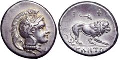 Lucania, Velia AR Didrachm. Lucania, Velia AR Didrachm. Circa 305-290 BC. Head of Athena right, wearing crested Attic helmet decorated with griffin, A behind neck-guard, Φ before chin / Lion standing 