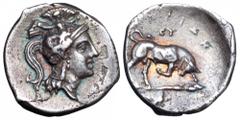 Lucania, Thourioi AR Diobol. Lucania, Thourioi AR Diobol. Circa 400-350 BC. Head of Athena right, wearing crested Attic helmet ornamented with Skylla hurling stone; K on flap of helmet / Bull charging