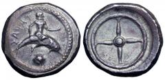 Calabria, Tarentum AR Didrachm. Calabria, Tarentum AR Didrachm. Circa 480-470 BC. Taras seated on dolphin to right, shell below, TAPAΣ (retrograde) behind / Wheel with four spokes. Vlasto 73; HN Italy