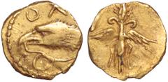 Bruttium, Lokroi Epizephyrioi AV 1/10 Stater. Bruttium, Lokroi Epizephyrioi AV 1/10 Stater. Time of Pyrrhos of Epeiros. Circa 280 BC. Attic standard. Head of eagle left with serpent in its beak, ΟΛ ab