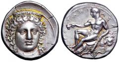 Bruttium, Kroton AR Stater. Bruttium, Kroton AR Stater. Circa 390-380 BC. Head of Hera Lakinia three-quarters facing, turned slightly to right, wearing low polos ornamented with palmettes / Youthful H