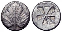 Sicily, Selinos AR Didrachm. Sicily, Selinos AR Didrachm. Circa 480-460 BC. Selinon leaf / Dekapartite incuse punch. SNG ANS 672; SNG Copenhagen 591. 8.92g, 21mm. Extremely Fine.