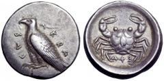 Sicily, Akragas AR Didrachm. Sicily, Akragas AR Didrachm. Circa 495-478 BC. Sea eagle standing left with folded wings; AKRACAΣ around / Crab within incuse circle; ΕΧΑ (retrograde) below. SNG ANS 919 v