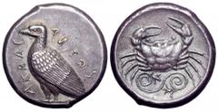 Sicily, Akragas AR Tetradrachm. Sicily, Akragas AR Tetradrachm. Circa 440 BC. Sea eagle standing left with folded wings, AKRACANTOΣ around / Crab seen from above, scrolled vine tendril below ending in