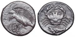 Sicily, Akragas AR Didrachm. Sicily, Akragas AR Didrachm. Circa 413-406 BC. Eagle standing left, with its wings spread, attacking a coiled serpent held in its talons, [AKPAΓANTINON before, ΣTPATΩN beh