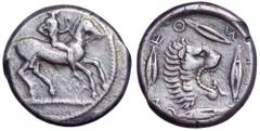 Sicily, Leontinoi AR Didrachm. Sicily, Leontinoi AR Didrachm. Circa 470 BC. Nude rider on horseback right / Lion’s head left, ΛEONTINO (retrograde) and four grains of barley around. SNG ANS 209 (these