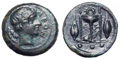 Sicily, Leontinoi Æ Tetras. Sicily, Leontinoi Æ Tetras. Circa 405-402 BC. Laureate head of Apollo right, ΛEON before, olive-branch behind / Tripod, kithara behind legs, barley-grain on either side, th