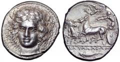 Sicily, Katane AR Tetradrachm. Sicily, Katane AR Tetradrachm. Circa 405-403 BC. Signed by Herakleidas. Head of Apollo three-quarter facing, turned slightly to left, his hair falling in disordered tend