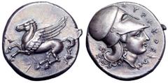 Sicily, Syracuse AR Stater. Sicily, Syracuse AR Stater. Third Democracy. Time of Timoleon, circa 341-317 BC. Pegasos flying left / Head of Athena right, wearing Corinthian helmet, ΣYPAKOΣIΩN around. C