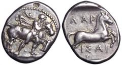 Thessaly, Larissa AR Drachm. Thessaly, Larissa AR Drachm. Circa 400-350 BC. Thessalos right, petasos flying out behind him, restraining charging bull; countermark K in a small rectangle / Bridled hors