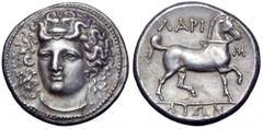 Thessaly, Larissa AR Didrachm. Thessaly, Larissa AR Didrachm. Circa 350 BC. Head of the nymph Larissa three-quarters facing, turned slightly to left, wearing ampyx, earring and necklace / ΛΑΡΙΣΑΙΩΝ, b