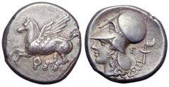 Corinthia, Corinth AR Stater. Corinthia, Corinth AR Stater. Circa 375-300 BC. Pegasos flying left, Q below / Helmeted head of Athena left; E and race torch behind. Ravel 995; Pegasi 372; BCD Corinth 9