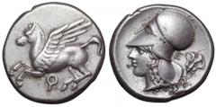 Corinthia, Corinth AR Stater. Corinthia, Corinth AR Stater. Circa 375-300 BC. Pegasos flying left; Q below / Head of Athena left, wearing Corinthian helmet; E and rose behind. Pegasi 374; Ravel 997; B