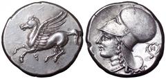 Corinthia, Corinth AR Stater. Corinthia, Corinth AR Stater. Circa 375-300 BC. Pegasos flying left, Q below / Helmeted head of Athena left; behind, N within wreath of grain ears. Pegasi 386; BCD 128; R
