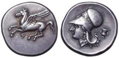 Corinthia, Corinth AR Stater. Corinthia, Corinth AR Stater. Circa 375-300 BC. Pegasos flying left, Q below / Helmeted head of Athena left; Δ and krater behind. Ravel 1001; Pegasi 388/1 corr.; BCD Cori