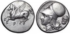 Corinthia, Corinth AR Stater. Corinthia, Corinth AR Stater. Circa 375-300 BC. Pegasos flying left, Q below / Helmeted head of Athena left; head of Silenos behind, A below chin, A below neck truncation