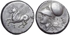 Corinthia, Corinth AR Stater. Corinthia, Corinth AR Stater. Circa 375-300 BC. Pegasos flying left, Q below / Helmeted head of Athena left, Δ- I across; behind, Artemis advancing left, holding long tor