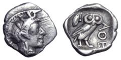 Attica, Athens AR Hemiobol. Attica, Athens AR Hemiobol. Circa 449-420 BC. Helmeted head of Athena right / Owl standing right, head facing, olive sprig behind, AΘE to right. Kroll 14; SNG Copenhagen 59