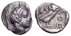 Attica, Athens AR Hemiobol. Attica, Athens AR Hemiobol. Circa 449-420 BC. Helmeted head of Athena right / Owl standing right, head facing, olive sprig behind, AΘE to right. Kroll 14; SNG Copenhagen 59
