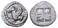 Macedon, Argilos AR Hemiobol. Macedon, Argilos AR Hemiobol. Circa 470-460 BC. Forepart of Pegasos left within border of dots / Quadripartite incuse square. Liampi, Argilos, period IV 94-99; Traité 182