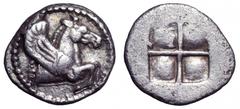 Macedon, Argilos AR Hemiobol. Macedon, Argilos AR Hemiobol. Circa 470-460 BC. Forepart of Pegasos right within border of dots / Quadripartite incuse square. Liampi, Argilos period VI, 122-127; SNG ANS