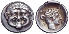 Macedon, Neapolis AR Hemidrachm. Macedon, Neapolis AR Hemidrachm. Circa 400-350 BC. Gorgoneion with protruding tongue / Head of Artemis Parthenos right, hair rolled up and tied in taenia, NEOP around.