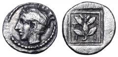 Macedon, Pangeion region. The Trieres AR Hemiobol. Macedon, Pangeion region. The Trieres AR Hemiobol. Olynthos(?), circa 400 BC. Laureate head of Apollo left / Laurel branch in linear square, Τ-P-Η-I 
