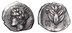 Macedon, Pangeion region. The Trieres AR Hemiobol. Macedon, Pangeion region. The Trieres AR Hemiobol. The Trieres AR Hemiobol, Olynthos(?), circa 400 BC. Laureate head of Apollo left / Laurel branch, 