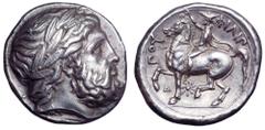 Kingdom of Macedon. Philip II AR Tetradrachm. Kingdom of Macedon. Philip II AR Tetradrachm. Lifetime issue. Pella, circa 356–348 BC. Laureate head of Zeus right / Philip on horseback left, diademed an