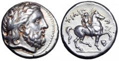 Kingdom of Macedon. Philip II AR Tetradrachm. Kingdom of Macedon. Philip II AR Tetradrachm. Amphipolis, circa 336-326 BC. Laureate head of Zeus right / Youth on horseback right, nude, holding palm; ΦΙ