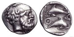 Islands off Thrace, Thasos AR Hemiobol. Islands off Thrace, Thasos AR Hemiobol. Circa 411-404 BC. Head of satyr right, balding at front / Two dolphins swimming in opposite direction, ΘAΣI around; all 