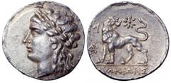 Ionia, Miletos AR Didrachm. Ionia, Miletos AR Didrachm. Circa 259-246 BC. Laureate head of Apollo left / Lion standing left, its head turned back to face to right, MI monogram to left, below second mo