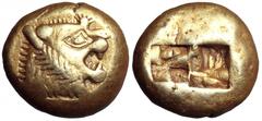 Kingdom of Lydia. Alyattes EL Trite. Kingdom of Lydia. Alyattes EL Trite. Sardes, circa 610-546 BC. Head of roaring lion right, sun with multiple rays on forehead / Two incuse square punches. Weidauer