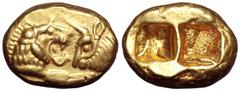 Kingdom of Lydia AV Stater. Kingdom of Lydia AV Stater. Time of Cyrus to Darios I. Sardes, circa 547-520 BC. Confronted foreparts of lion, with extended right foreleg, and bull / Two incuse square pun