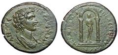 Lydia, Philadelphia Æ26. Lydia, Philadelphia Æ26. Circa AD 161-180. Draped bust of the Senate right / Twin spiral columns surmounted by an arch, within which stands Aphrodite, nude, covering herself w