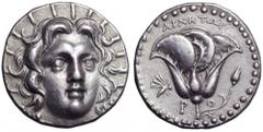 Islands off Karia, Rhodos AR Tetradrachm. Islands off Karia, Rhodos AR Tetradrachm. Circa 205-190 BC. Ainetor, magistrate. Radiate head of Helios facing slightly to right / Rose with bud to right, but