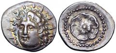 Islands off Karia, Rhodos. Rhodos AR Didrachm. Islands off Karia, Rhodos. Rhodos AR Didrachm. Circa 40 BC-25 AD. Radiate head of Helios facing slightly to left / Rose seen from above, monogram to left