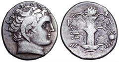 Kyrenaica, Kyrene AR Didrachm. Kyrenaica, Kyrene AR Didrachm. Circa 332-313 BC. Head of Apollo Karneios right / Silphium plant, monogram in left field, crab in right field, KY-PA across. SNG Copenhage