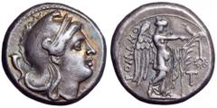 Anonymous AR Didrachm. Anonymous AR Didrachm. Rome, circa 265-242 BC. Head of Roma right, wearing Phrygian helmet, cornucopiae behind / ROMANO, Victory standing right, attaching wreath to long palm, T