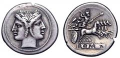 Anonymous AR Didrachm. Anonymous AR Didrachm. Uncertain mint, circa 225-212 BC. Laureate head of Janus / Jupiter, holding sceptre and thunderbolt, in quadriga right, driven by Victory; ROMA incuse on 